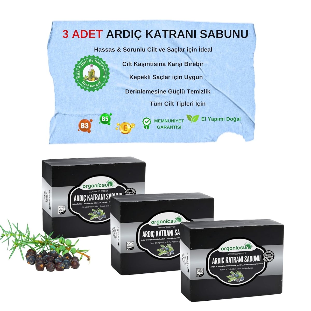 Organicsun Doğal Ardıç Katranı Sabunu 140 Gr x 3 Adet Tüm Cilt Tipleri İçin Antiseptik ve Yenileyici Etkili