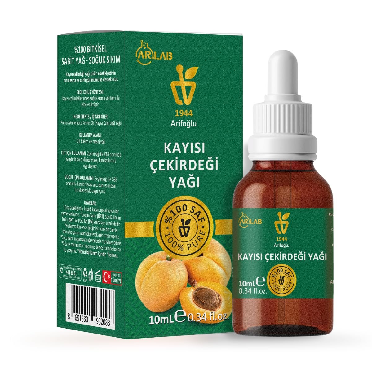 Arifoğlu Kayısı Çekirdeği Yağı 10ml%100 Saf Yağ ARLAB Pure Apricot Kernal Seed Oil 10ml Prunus Armeniaca Kernel Oil