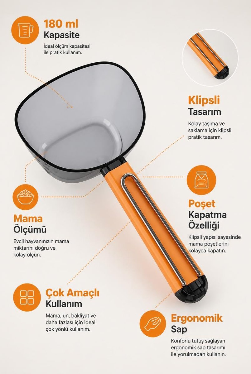 Busstier Klipsli Mama Kepçesi 180 ml Ölçekli Kedi Köpek Mama Küreği Mama Poşeti Kapatıcı Erzak Bakliyat Kahve Un Ölçü Kaşığı Çok Amaçlı Saklama Kepçesi