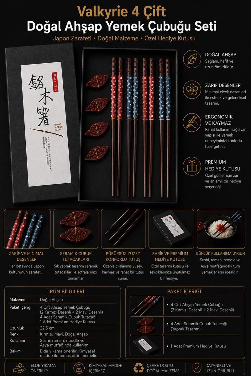 Valkyrie 4 Çift Doğal Ahşap Yemek Çubuğu Seti 8 Adet Japon Chopstick 4 Yaprak Ahşap Tutacak, Kutulu 22,5cm