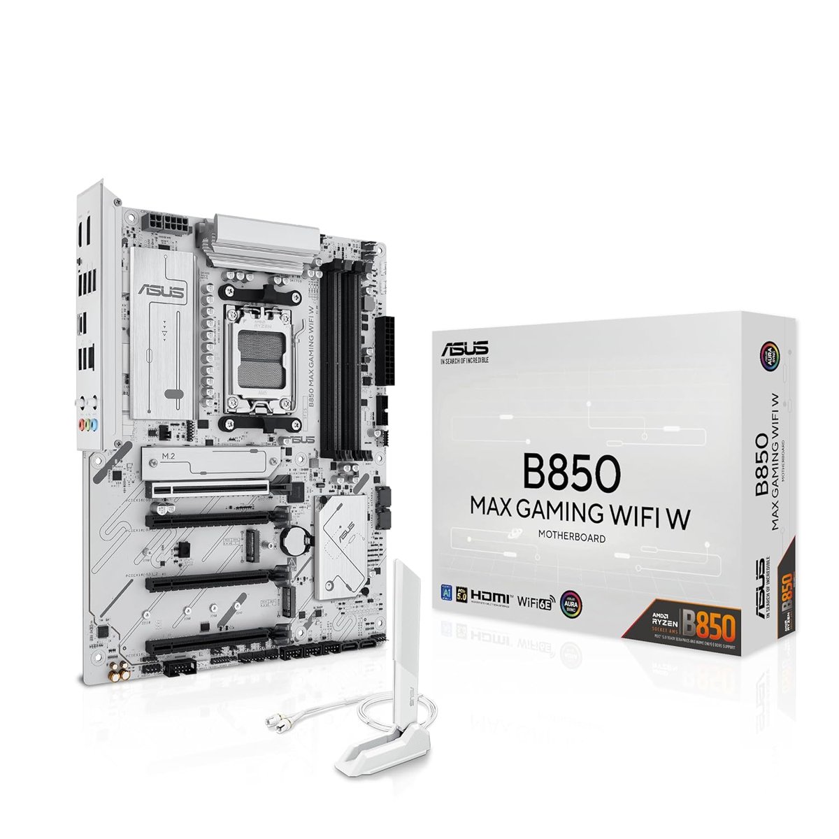 ASUS B850 MAX Gaming WiFi W, anakart AMD ATX, 8+2+1 akım fazı, DDR5 yuvası, PCIe 5.0 Ready, 3 M.2 yuvası, WiFi 6E, Ethernet 2,5 GB, USB-A, USB-C, HDMI, BIOS Flashback ve Aura Sync, beyaz