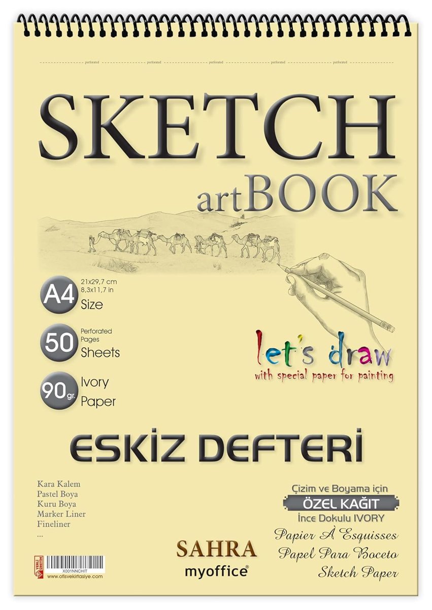 Etika SAHRA A4 Spiralli Eskiz Defteri – 50 Yaprak, 90 gr İnce Dokulu Ivory Kağıt Sketchbook, Çizim v