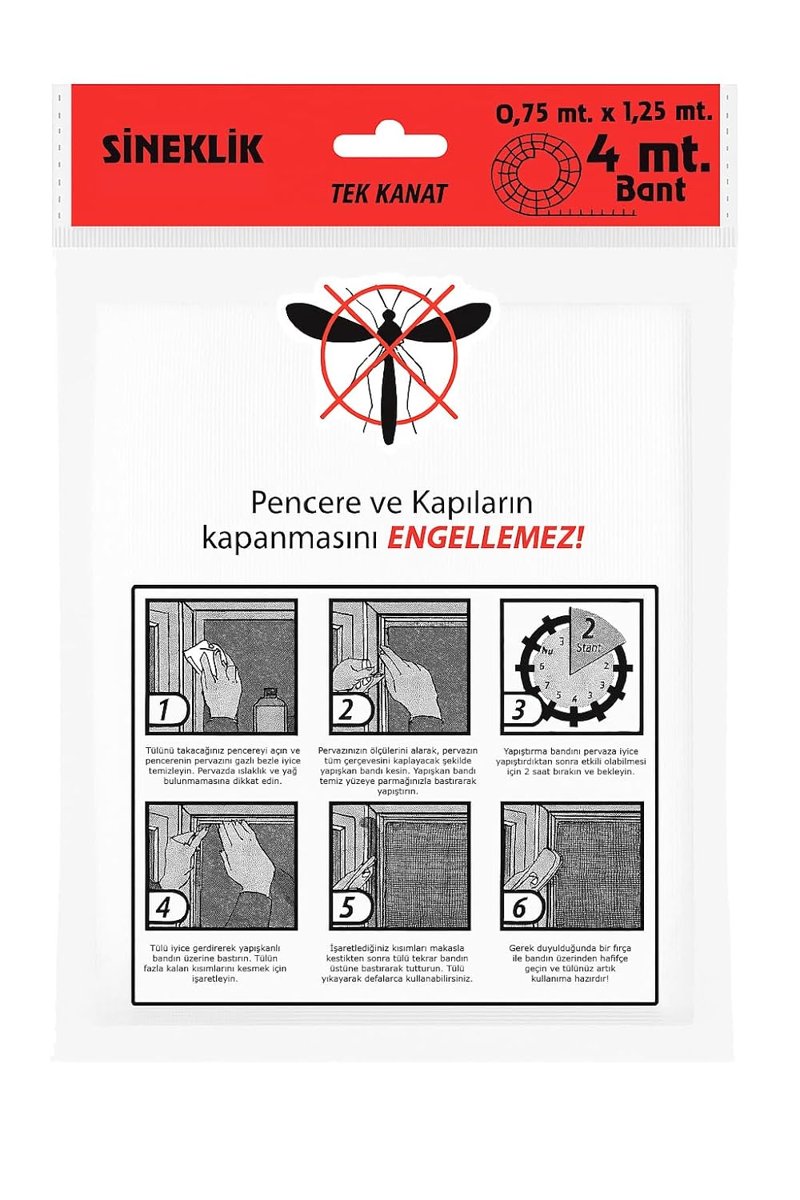 Proalet Tek Kanat Pratik Sineklik, 0.75 m x 1.25 m Tül, Kapı  Pencere Uyumlu, 4 m Yapıştırma Bantlı