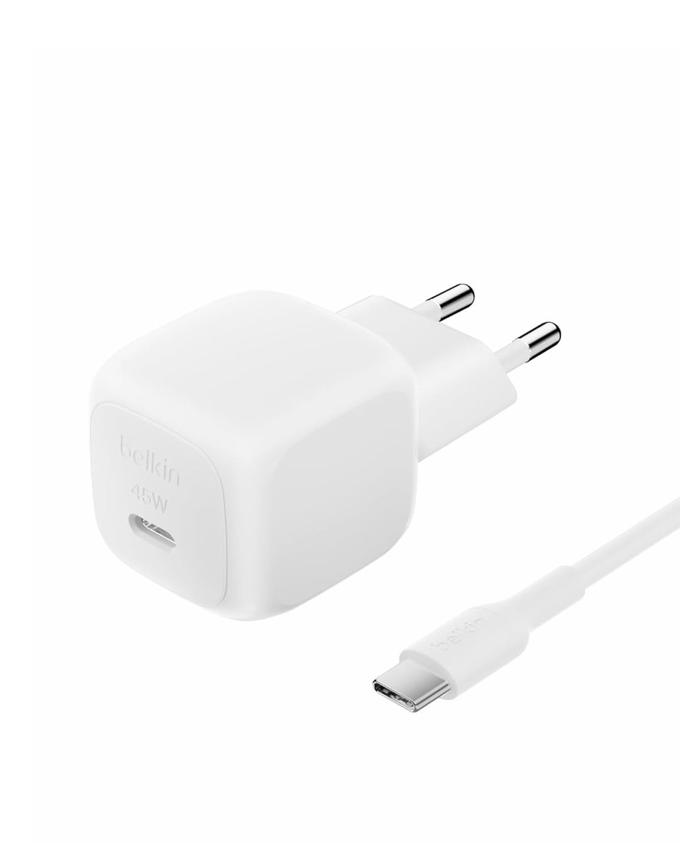 Belkin Kompakt Duvar Şarj Cihazı 45 W + USB-C - USB-C Kablosu, Apple iPhone 17, 16, 15, 14, Plus, Pro, Pro Max, Samsung Galaxy S25 Serisi, S24, Pixel 9, iPad, AirPods ve Fazlası için Hızlı Şarj, Beyaz
