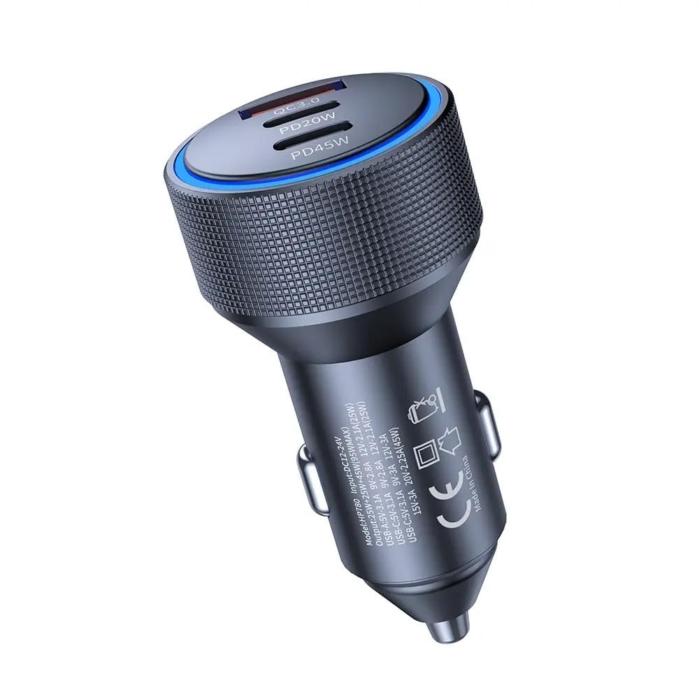 Hepu Hp-780 105 Watt Araç Içi Şarj Cihazı 3.1A Pd 45 Watt Fast Hızlı Şarj Aleti Metal Çakmaklık Şarj Type C 3-Port Işıklı