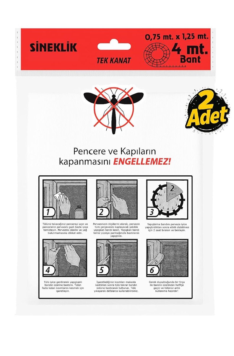 Proalet Tek Kanat Pratik Sineklik, 0.75 m x 1.25 m Tül, Kapı & Pencere Uyumlu, 4 m Yapıştırma Bantlı (2 Adet)