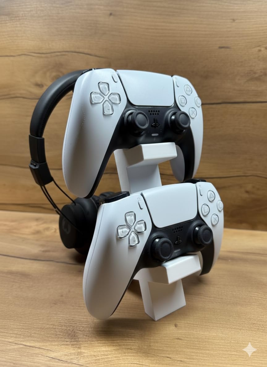 PS5 DualSense 2’li Oyun Kolu ve Kulaklık Standı Beyaz Renk | 3D Baskı Şık Dikey Tutucu (21.5x18x4 cm)