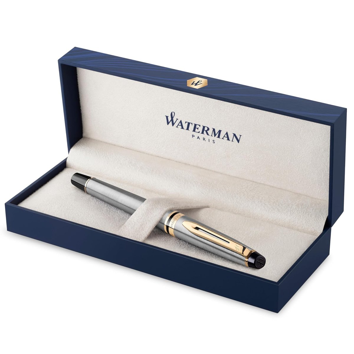 Waterman Expert Paslanmaz Çelik Altın Tasarımlı Dolma Kalem, Orta Kalınlıkta Uç, Mavi Mürekkep