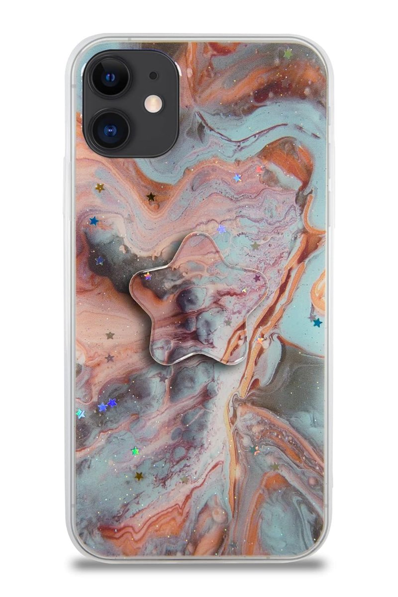 KZY İletişim Apple iPhone 11 ile Uyumlu Kapak Mermer Desenli Pop Socketli Silikon Kılıf - Mercan