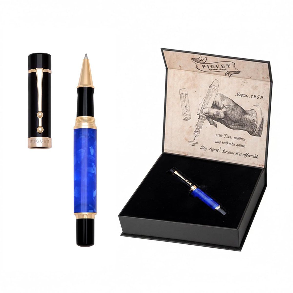 Piguet Genève – Lüks ve Ergonomik Dolma Kalem & Tükenmez Kalem – Taurus Serisi – Alman M Uç, Altın Kaplama – Evrensel Refill ve Kartuş, Doldurulabilir Pompa, Hediye Kutulu (Tükenmez Kalem, Océan-Blue)