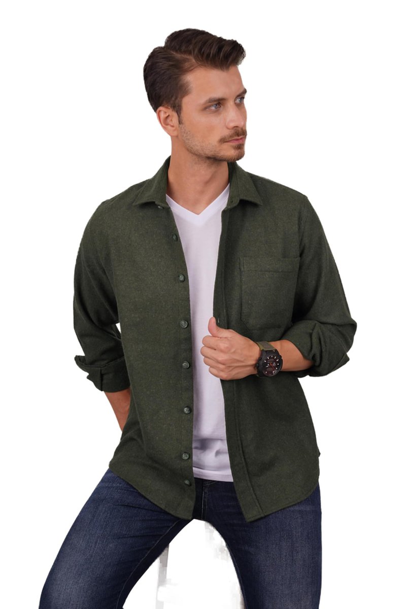 Haki Düz Oversize Oduncu Hediye Kutulu Erkek Gömlek L