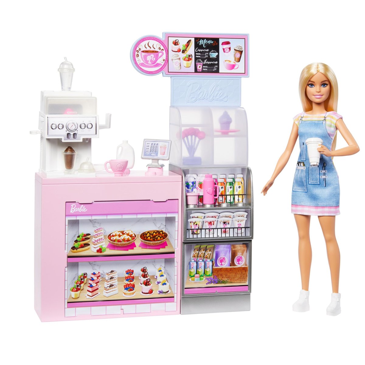 Barbie'nin Kahve Dükkanı Barbie'nin Kahve Dükkanı oyun seti sarışın barista Barbie, kahve makinesi v