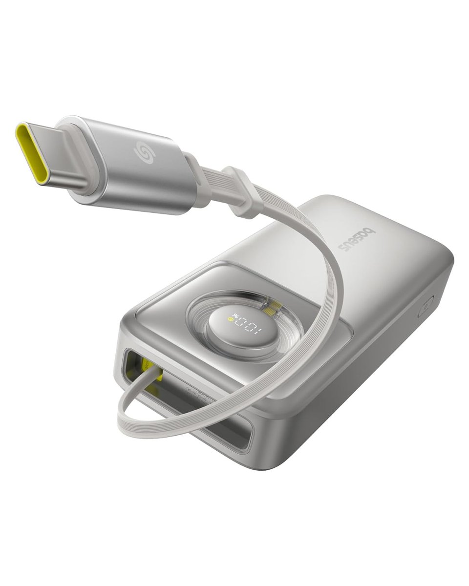 Baseus Free2Pull Dahili Geri Çekilebilir Type-C Kablo, 20000mAh 65W, Dizüstü Bilgisayar İçin Hızlı Şarj Powerbank - Gri