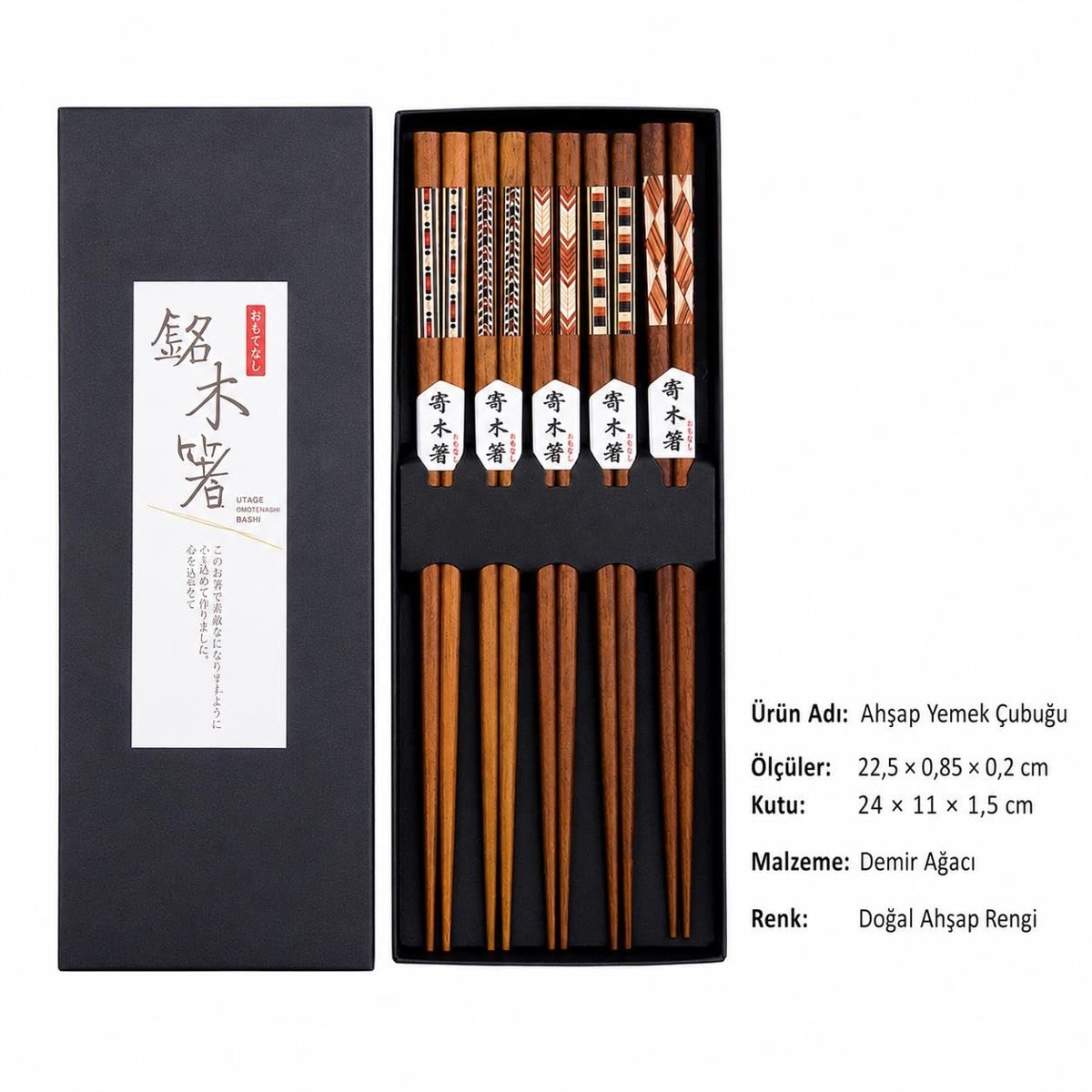 Valkyrie 5 Çift Ahşap 22,5cm Yemek Çubuğu Seti Hediyelik Kutulu Japon Çin Kore Sushi Chopstick