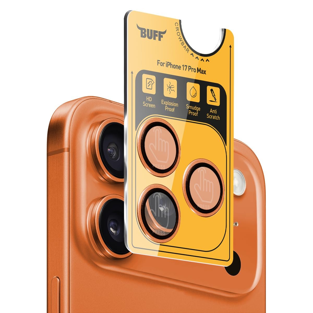 BUFF LABS iPhone 17 Pro Max ile Uyumlu Metal 9H Kamera Lens Koruyucu (Turuncu)