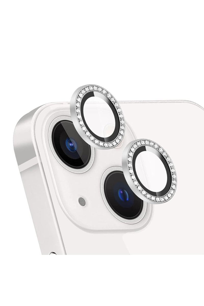 KZY İLETİŞİM Apple iPhone 13 Taşlı Tasarım Temperli Cam Kamera Lens Koruyucu - Gümüş