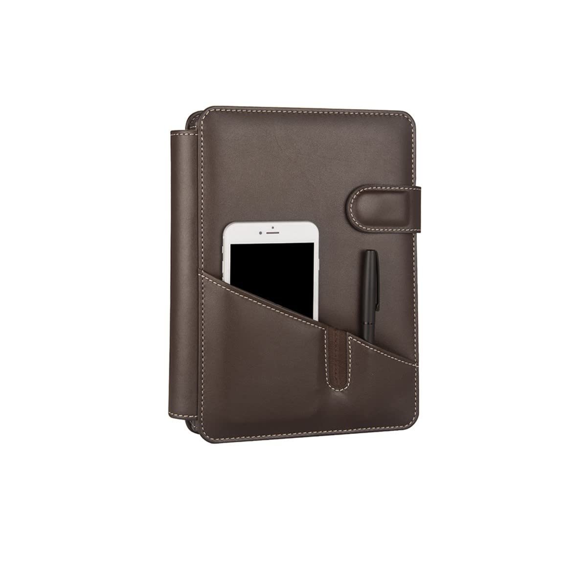2K 5295 Ajanda Tarihsiz Kareli Suni Deri Telefon Kılıflı 4 Halka Mekanizmalı Hesap Makineli Organizer, Kahverengi