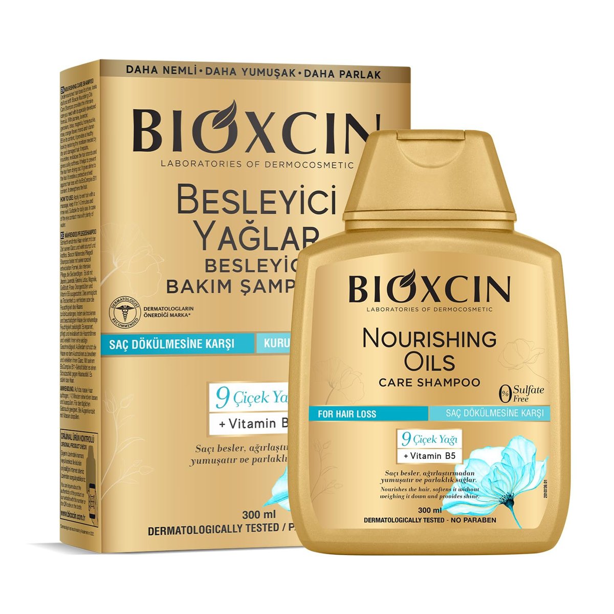 Bioxcin Besleyici Yağlar Şampuan 300 ml – Kuru ve Yıpranmış Saçlar İçin, 9 Çiçek Yağı, Pantenol ve BioComplex B11 İçerikli, Sülfatsız