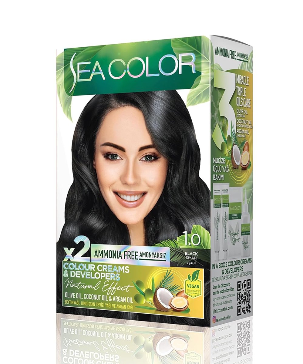 SEA COLOR Amonyaksız, Vegan, Doğal, Besleyici Kalıcı Saç Boyası%100 Beyaz Kapama (1 PAKET 2 x 50 ml Boya  OKSİDAN)(Siyah 1.0)