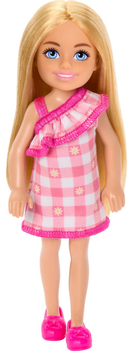 Barbie Chelsea Bebek, Sarı Saçlı ve Mavi Gözlü Çıkarılabilir Kareli Elbise ve Pembe Ayakkabı Giyen Küçük Bebek