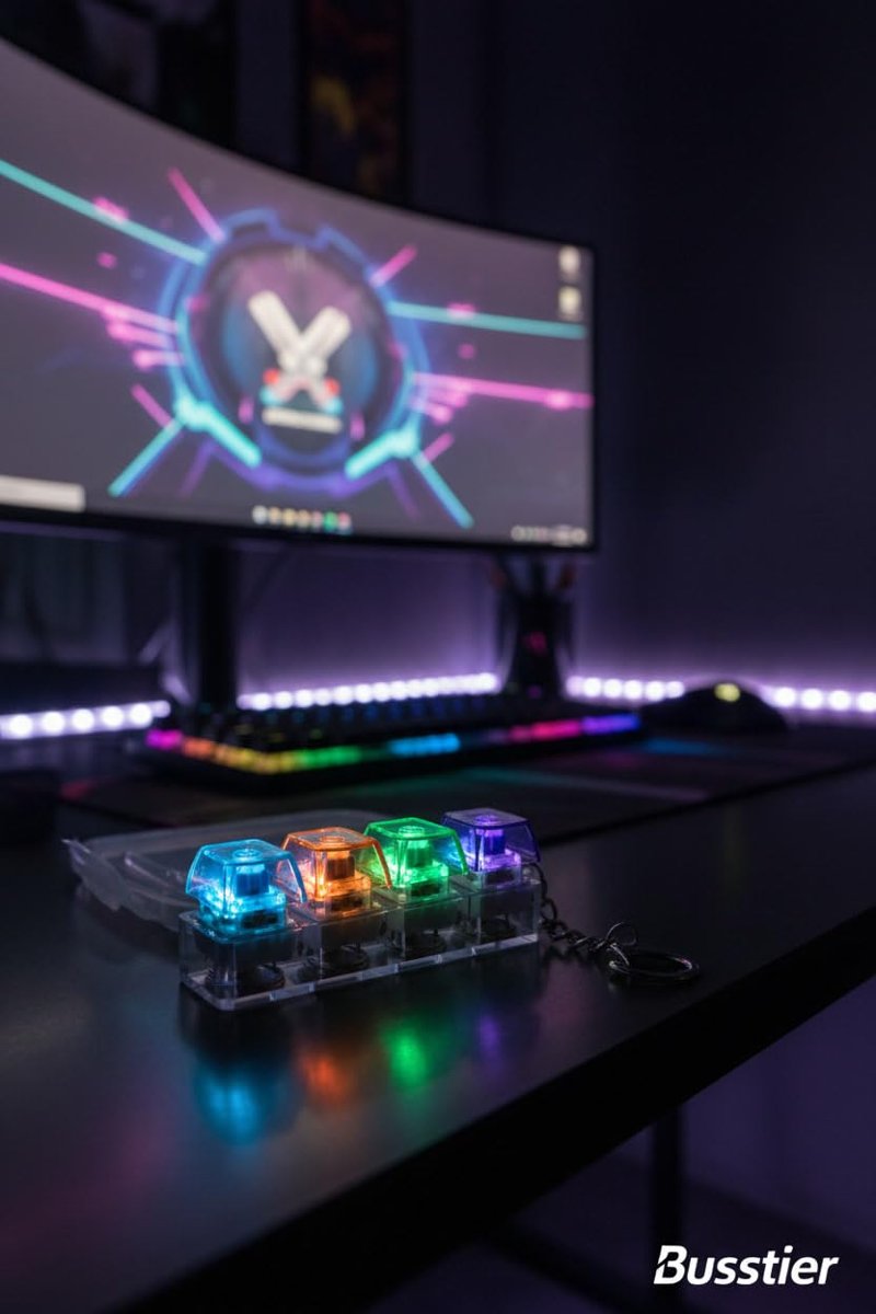 Busstier Işıklı Klavye Stres Giderici Anahtarlık, Mekanik Tuşlu Click Sesli RGB LED Işıklı Mini Klavye Anahtarlığı, Şeffaf Tasarım Taşınabilir Gamer Aksesuarı