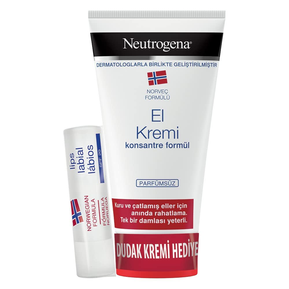 Neutrogena Norveç Formülü El ve Dudak Bakım Seti — Konsantre Kokusu Olmayan El Kremi 75 ml + Dudak Balmı Stick 4,8 g, Kuru Eller ve Dudaklar İçin Nemlendirir, Onarır ve Korur, Tek Paket Satılır