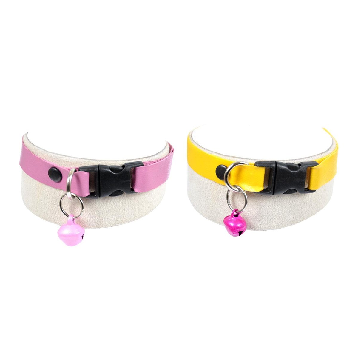 X-Perk Suni Deri Zilli Kedi Köpek Tasması Boyun Tasma Ayarlı 2'li Set Sarı Pembe