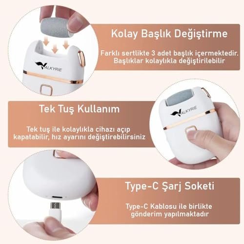 Valkyrie Şarjlı Pedikür Makinesi Nasır Giderici Elektrikli Ayak Törpüsü Type-C 3 Başlıklı Taşınabilir