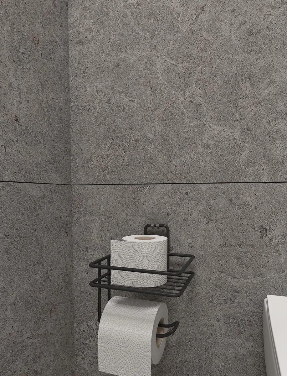 Alper Banyo Yapışkanlı Siyah Raflı Tuvalet Kağıtlığı, Delmeden Montaj Duvar Tipi Tuvalet Kağıdı Tutucu, Banyo ve WC Organizer