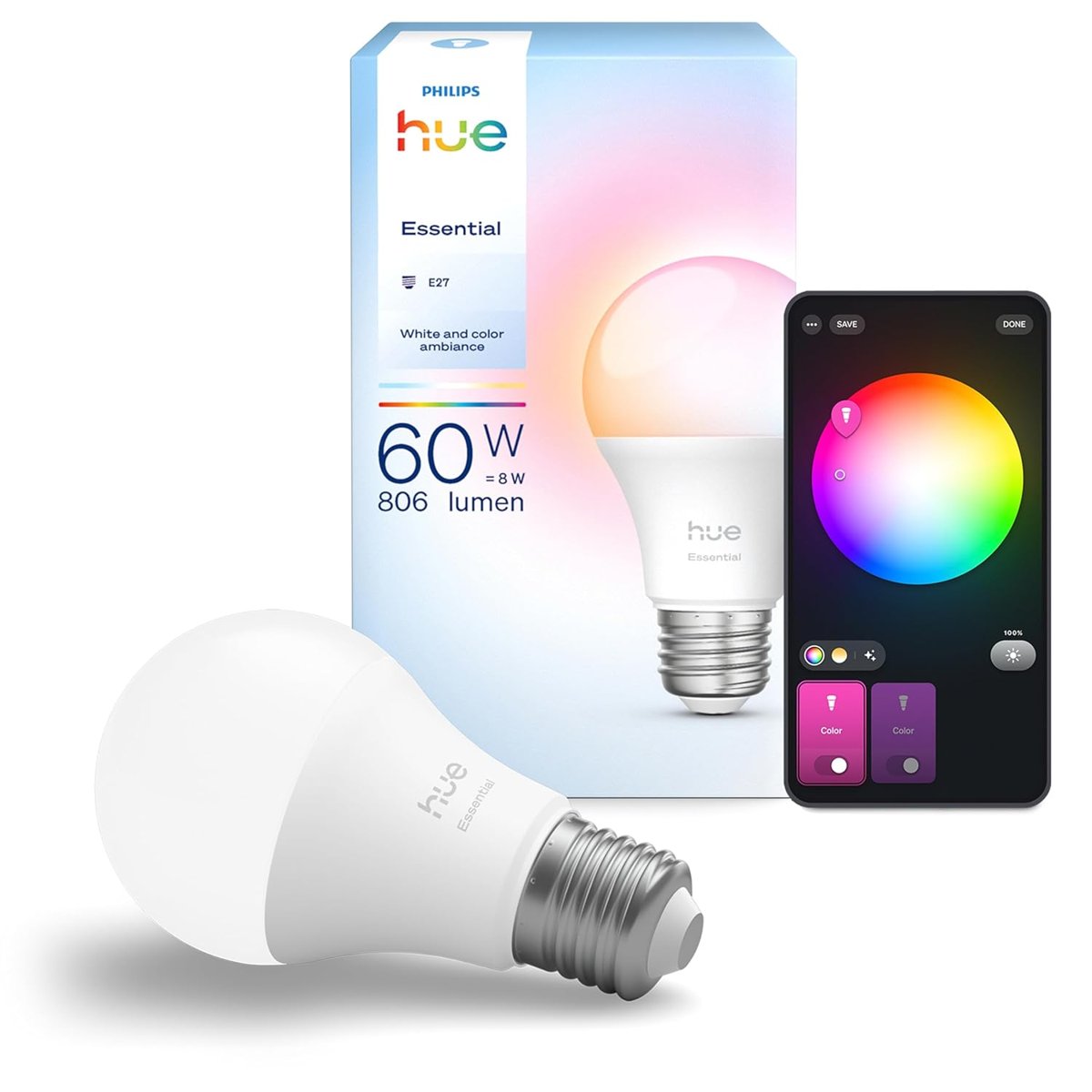Philips Hue Essential 8W E27 806 Lumen Renkli Akıllı Ampul A60-25.000 Saat Ampul Kullanım Ömrü
