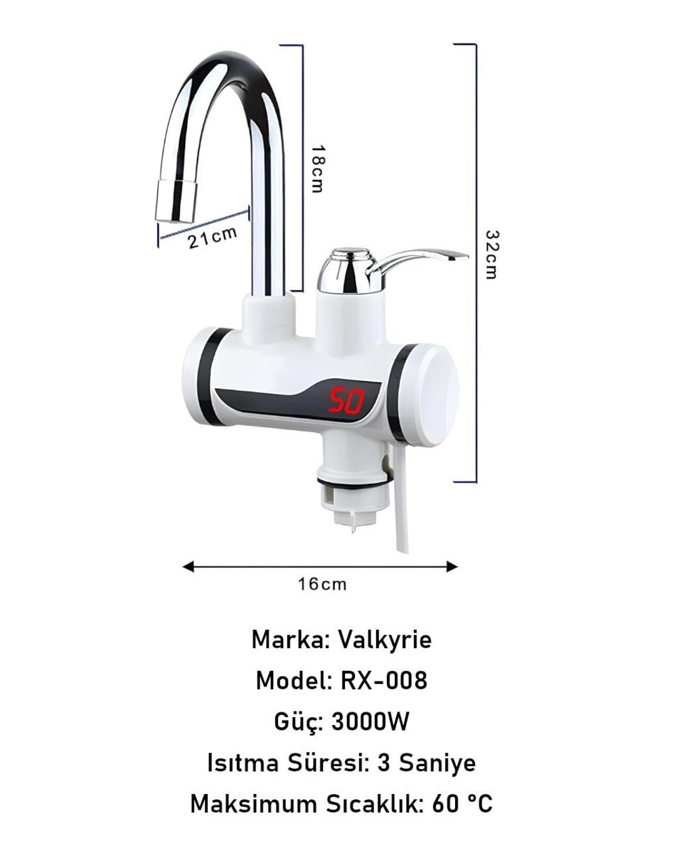 Valkyrie Ani Su Isıtıcılı Musluk Elektrikli Şofben Musluk Dijital Göstergeli 3000W