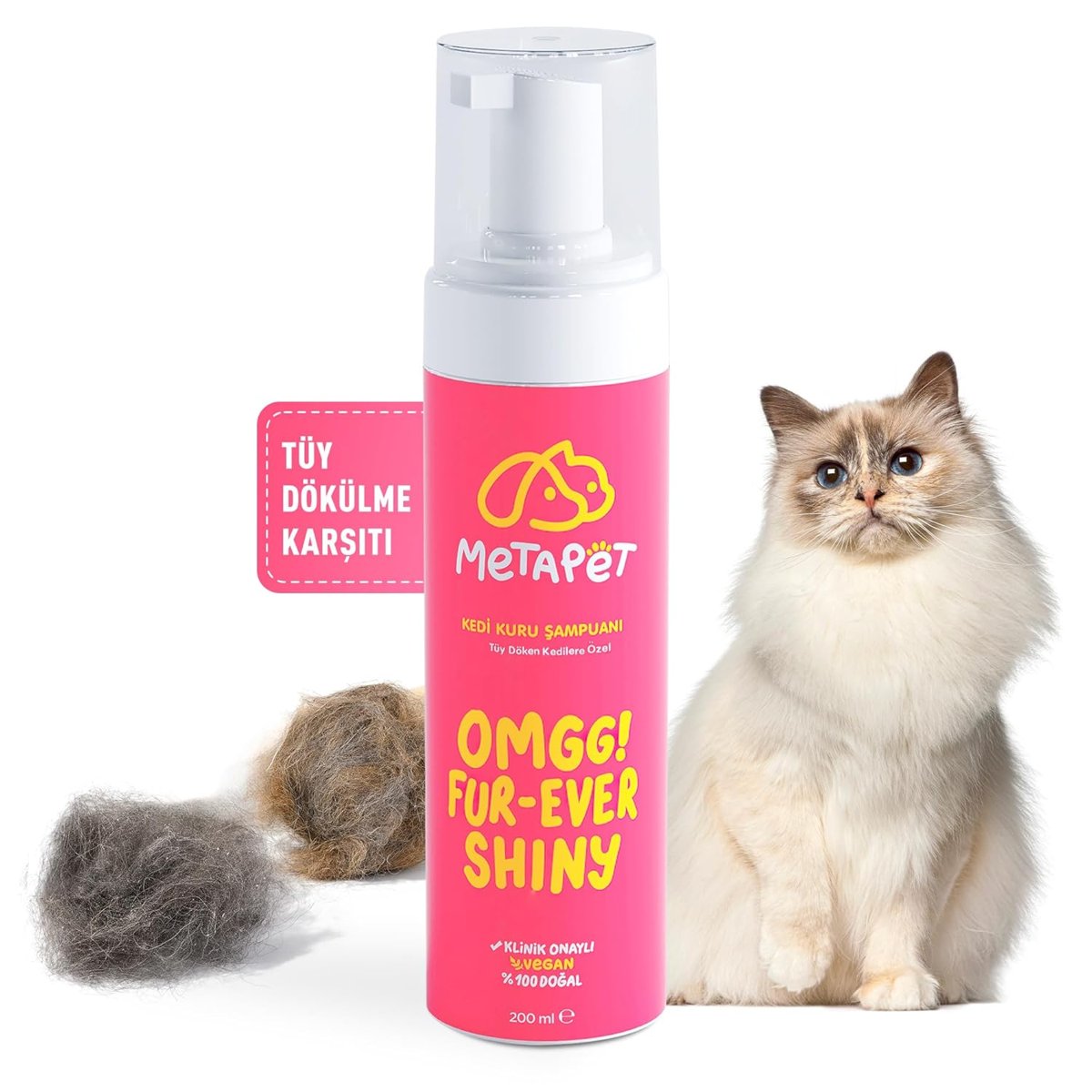 Metapet Kedi Tüy Dökülmesi Karşıtı Kuru Köpük Şampuan, Doğal E Vitamini Sağlığı, Önleyici Bakımı için, 200 ML