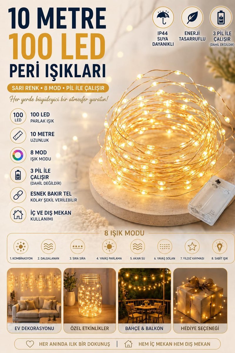 10 Metre SARI 100 LED Işıklar Peri Işıkları 8 MOD RGB Işıkları Işık Peri Dize Işıkları Tel Fonksiyonlu Süsleme İnce Telli Aydınlatmalı Şerit Led Yılbaşı Işık Yılbaşı Süsü
