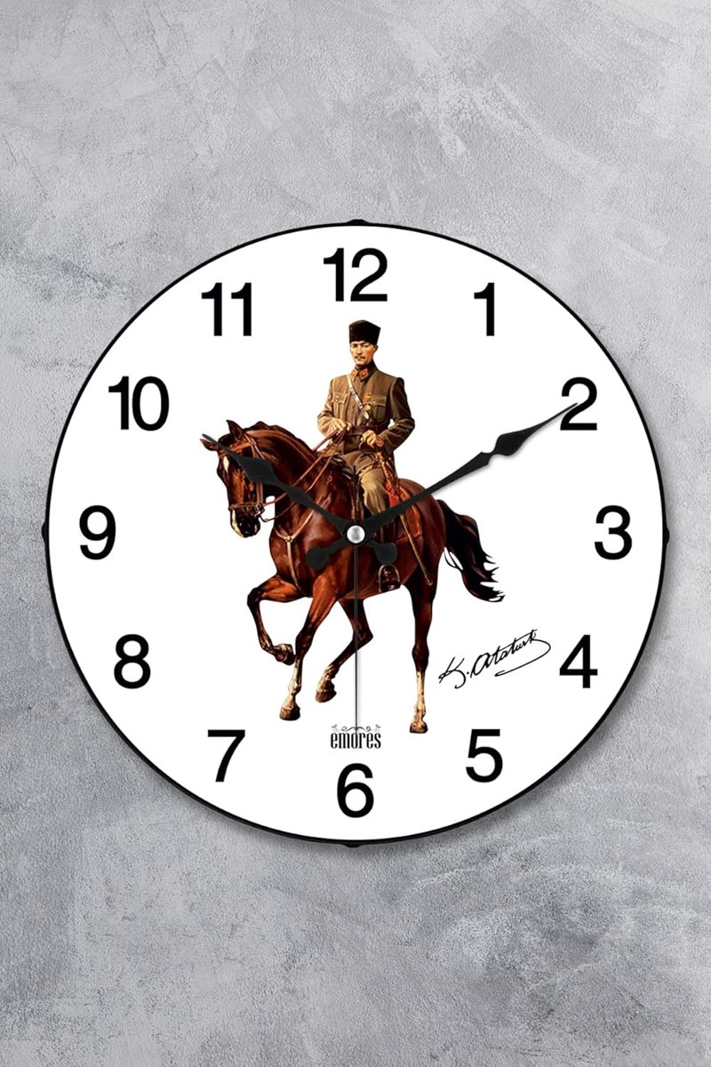 EMORES Atatürk Duvar Saati Akar Saniye Sessiz Mekanizma 36 cm