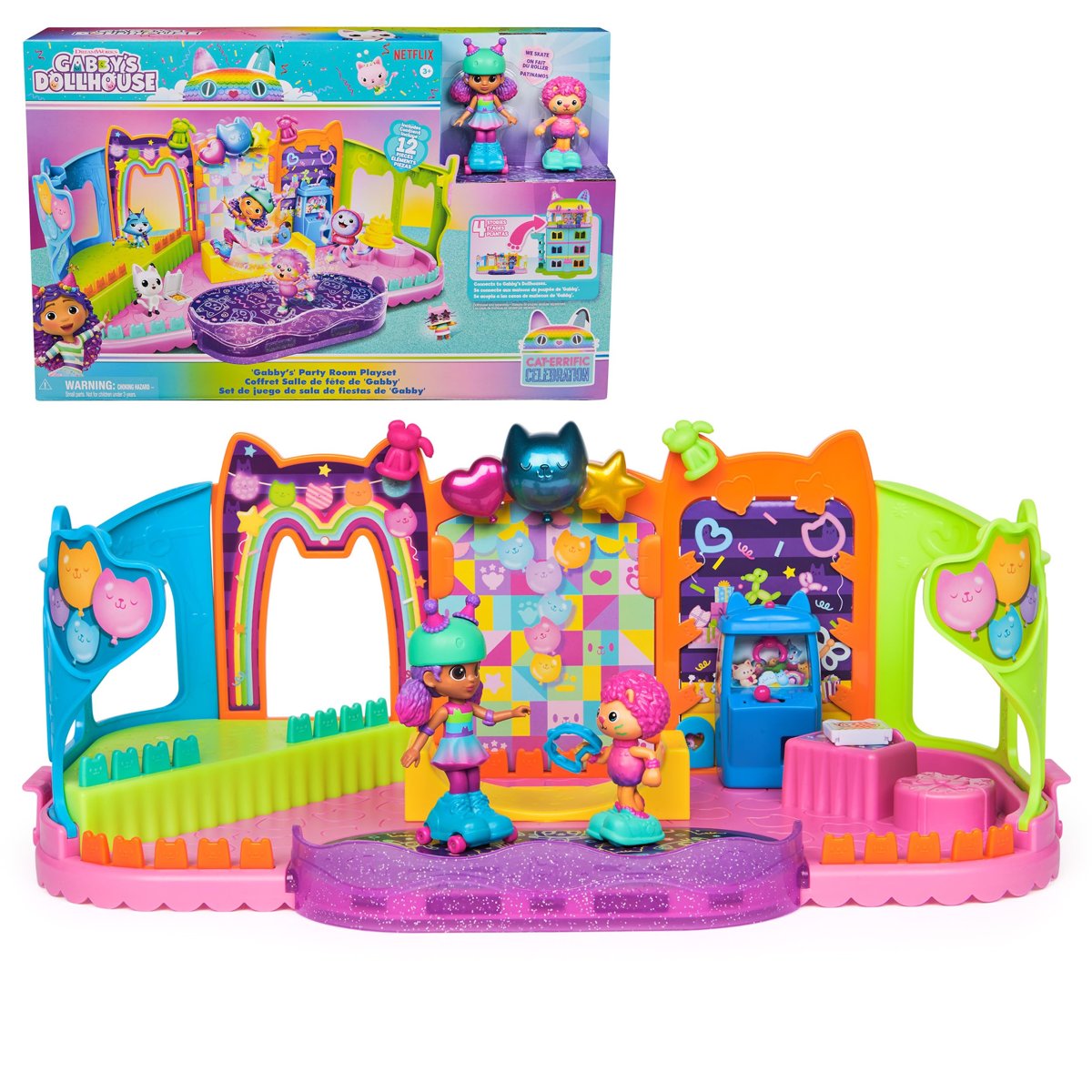 Gabby's Dollhouse, parti odası oyun seti, Gabby ve Marty figürlü kaykay parkı çatı katı odası, mobil