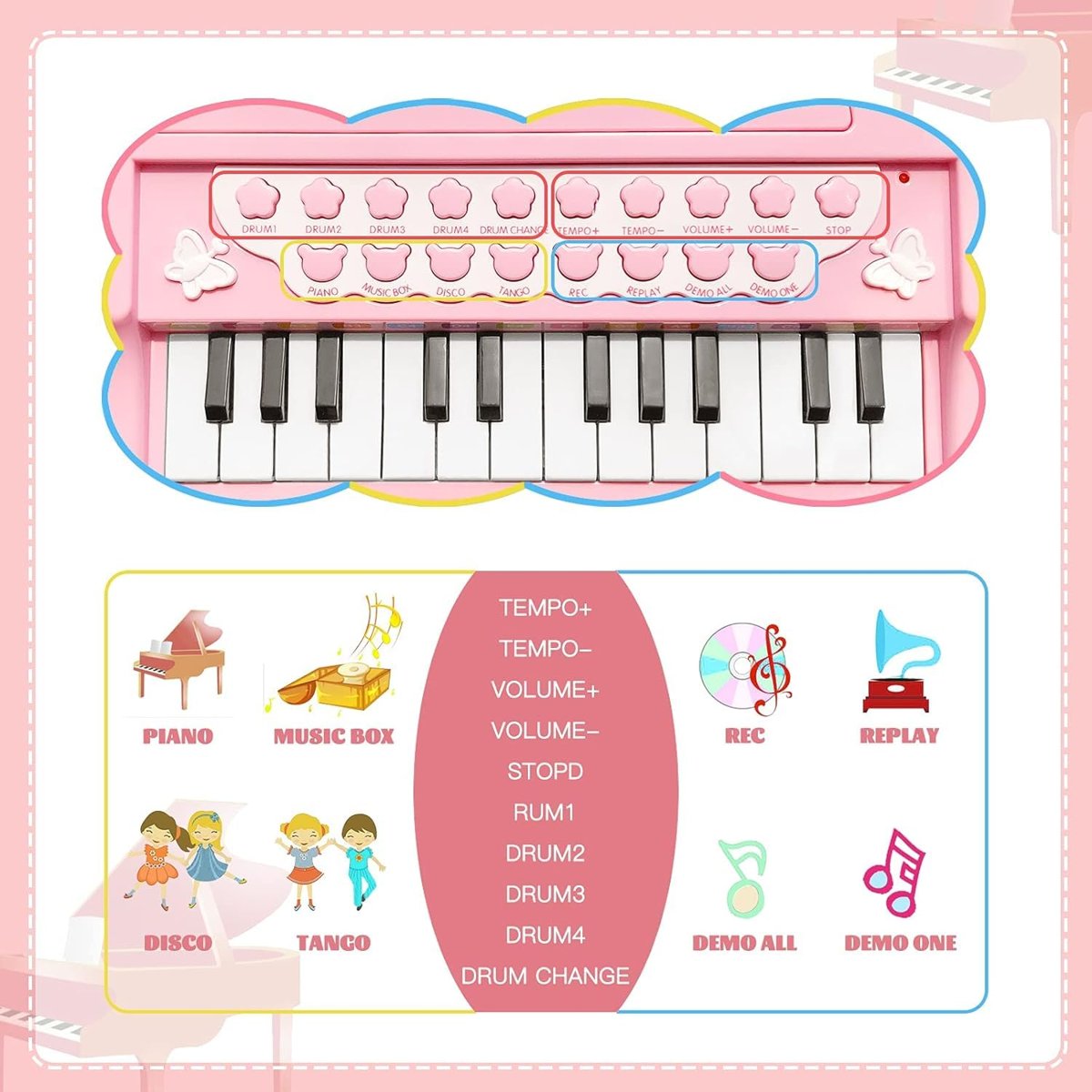 LoveMini Çocuklar için piyano oyuncak klavye doğum günü hediyesi yaş 1+pembe 24 tuşları yürümeye başlayan piyano müzik oyuncak aletleri mikrofon ile