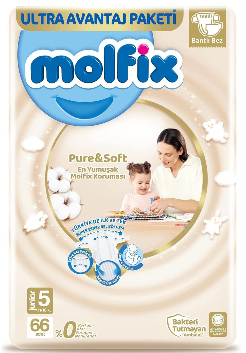 Molfix Bebek Bezi Pure&Soft Junior 5 Beden Aylık Paket 66 Adet