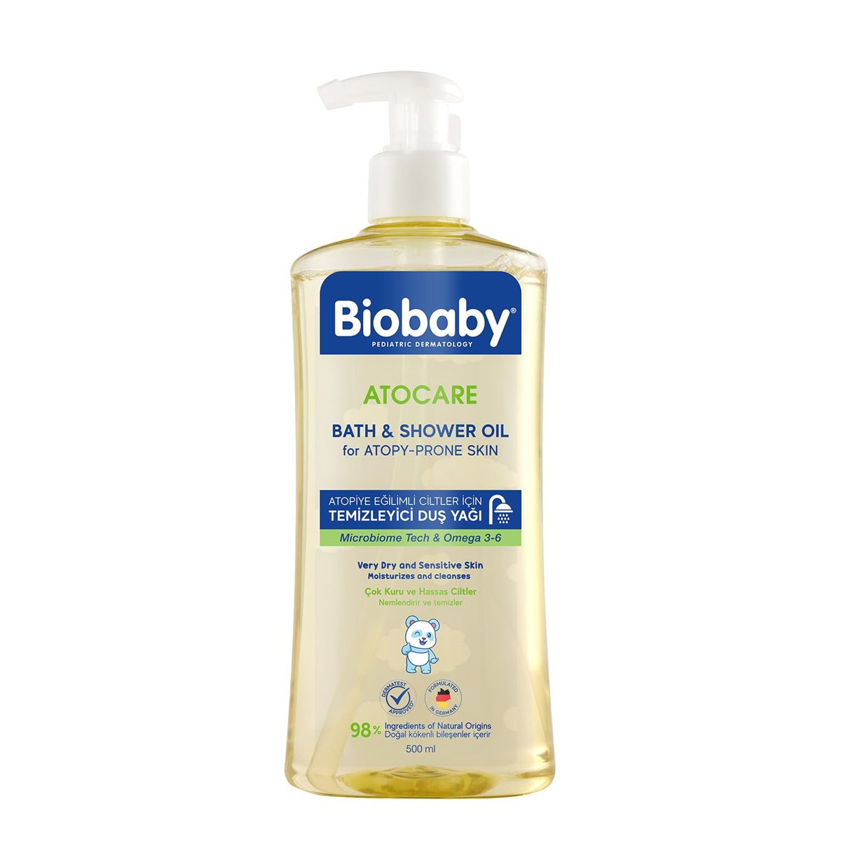 Biobaby Atocare Duş Yağı 500 ml – Atopiye Eğilimli Bebek Ciltleri İçin, Seramid Kompleksli, Omega 3-6, Yulaf Ekstresi ve Prebiyotik İçerikli Temizleyici Yağ