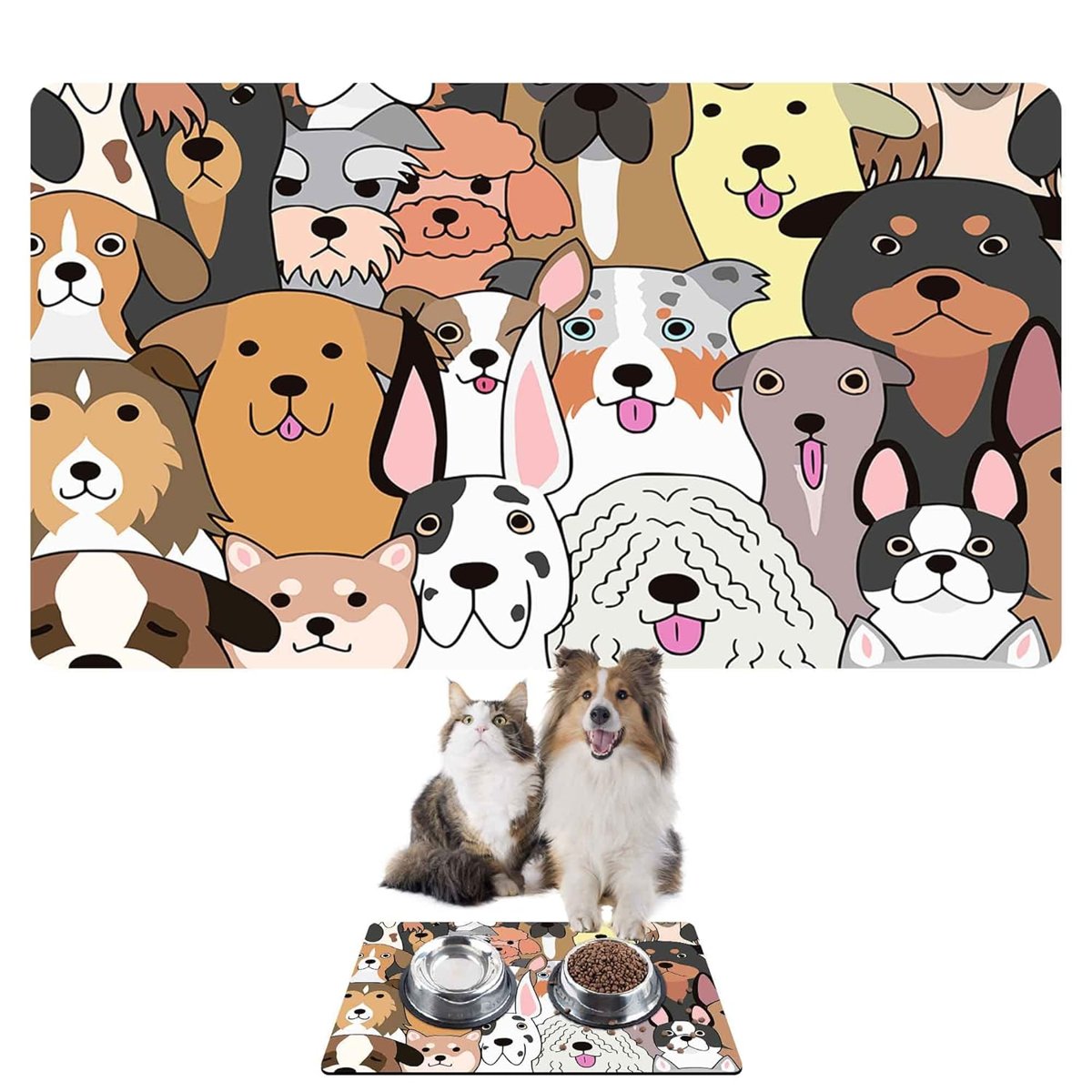 Monnhein Mama ve Su Evcil Hayvan Beslenme Matı, Kolay Temizlenen Emici Su Geçirmez Kumaş, Küçük Orta Boy ve Büyük Kedi ve Köpekler için Dayanıklı Köpek Kedi Paspas (50x35, Renkli Köpekler)