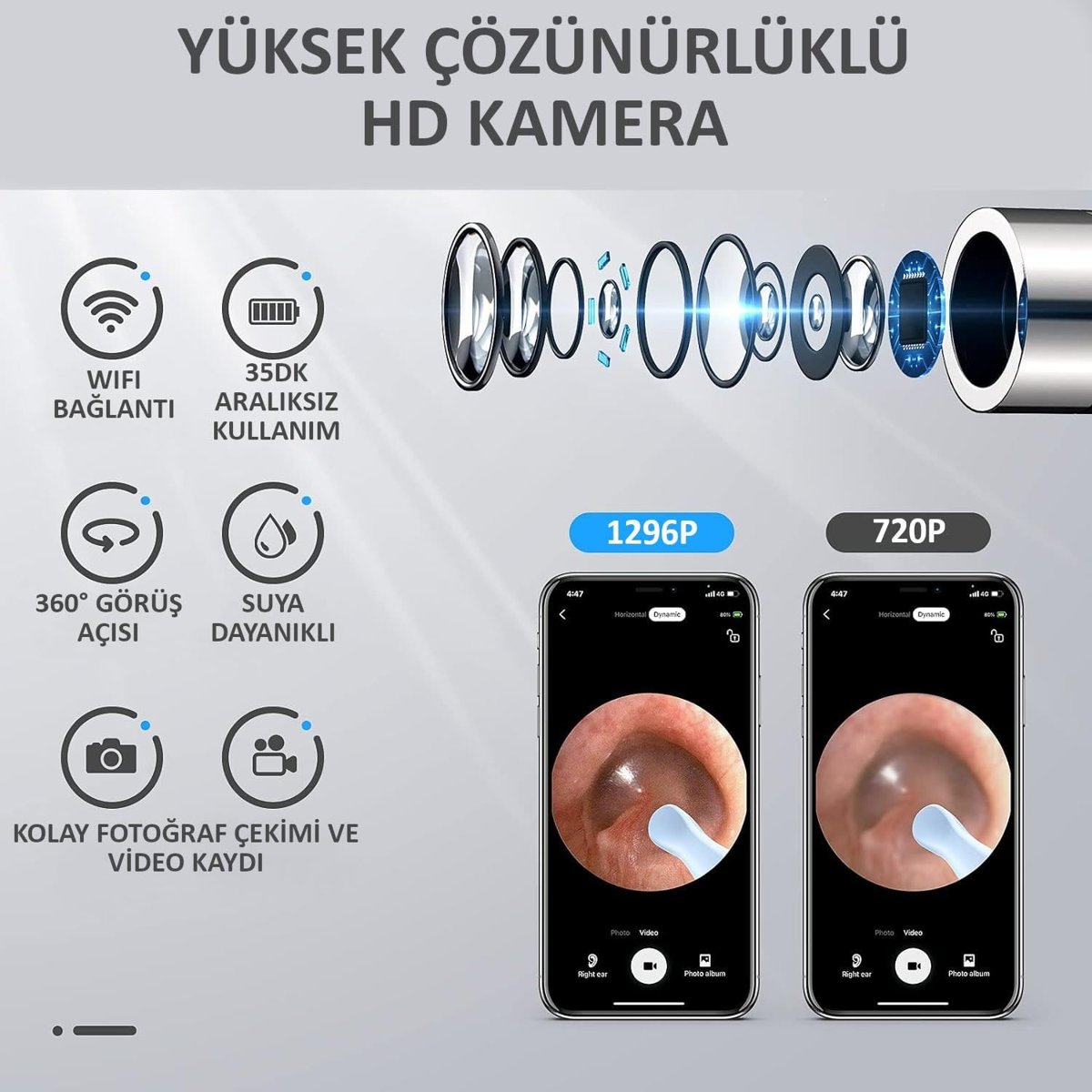 Valkyrie Kablosuz Wifi Kulak Temizleme Kamerası - Ios Android Iphone Uyumlu 1296P HD LED Otoskop Kamera
