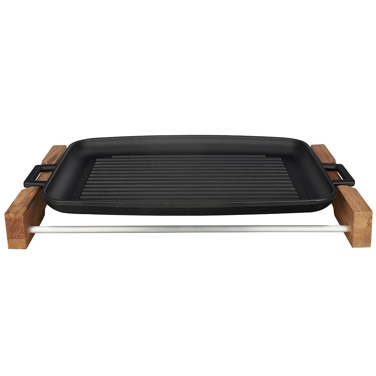 Lava Döküm Grill Tepsi, Izgara Yüzeyli, Metal Kulplu, Ahşap Standlı, 31x42cm