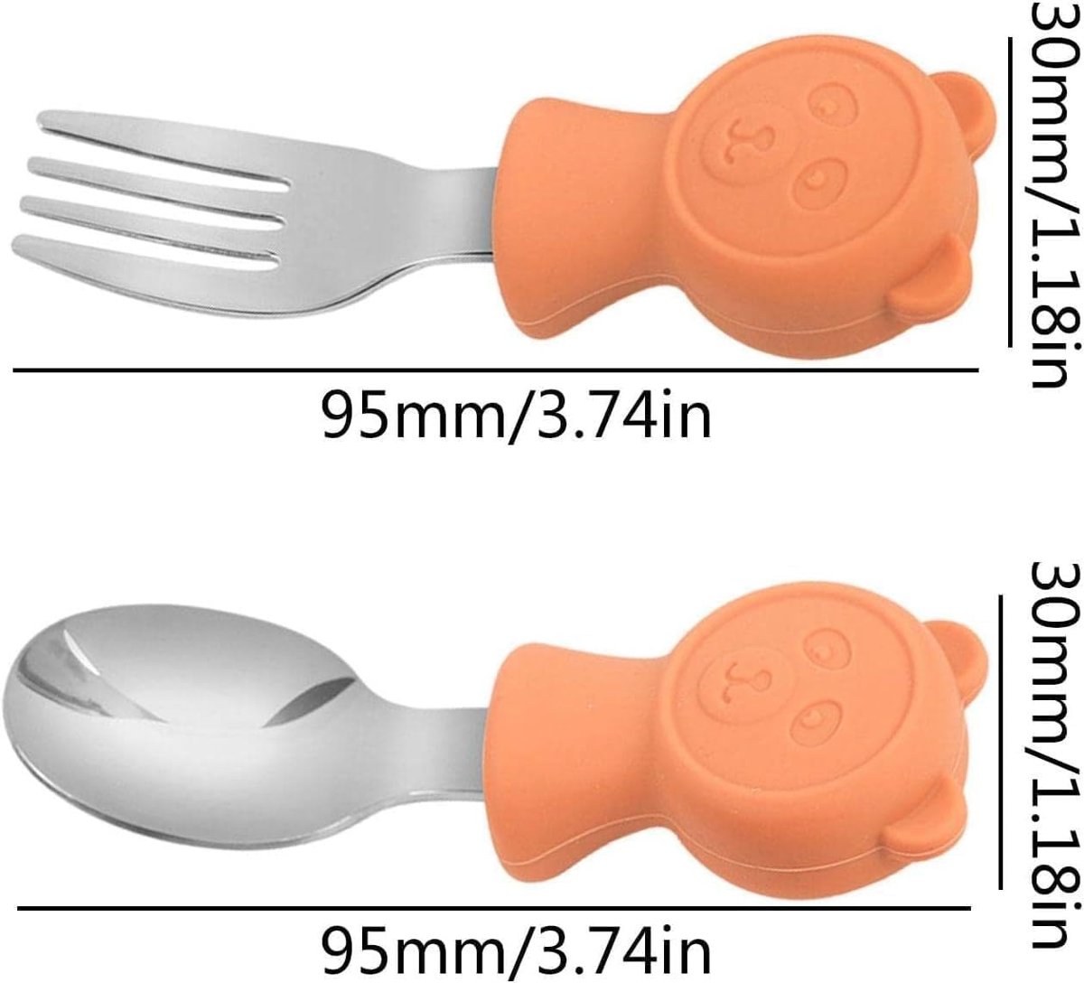 Valkyrie 304 Çelik Panda Bebek Kaşık Çatal SetiSilikon Saplı BPA İçermez Ergonomik Kaymaz Turuncu