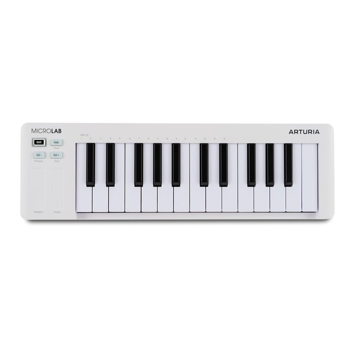 Arturia MicroLab MK3 - Kompakt 25 tuşlu hıza duyarlı MIDI denetleyici, iki dokunmatik şerit, akorlar modu, devam pedalı girişi, beyaz