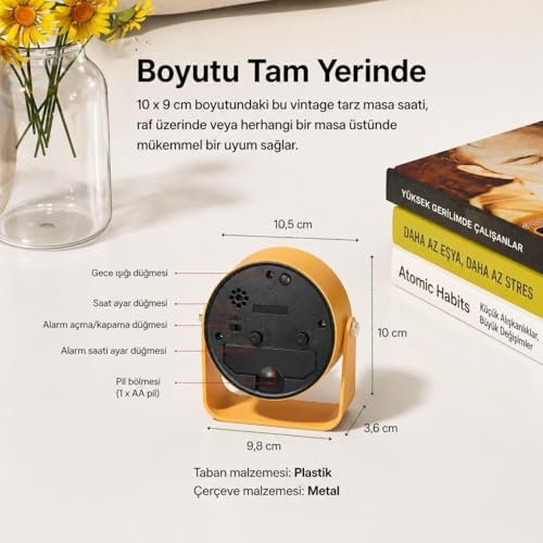 Valkyrie Sessiz Çalışan Mini Masa Saati | Akıcı Mekanizma, Gece Işıklı, Şık Dekoratif Sarı