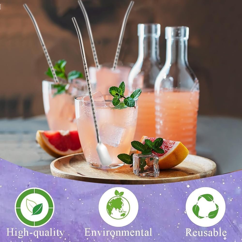AEE® 7'li Paslanmaz Çelik Kaşıklı Metal Pipet Seti 6 Adet Pipet ve Pipet Temizleme Fırçası Cam Pipet