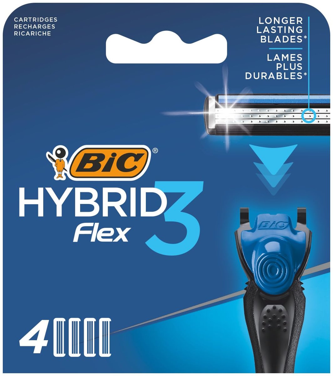BIC Hybrid 3 Flex 4'lü Yedek Tıraş Bıçağı Kartuşu, 3 Nano Teknolojik Titanyum Bıçak, E Vitaminli Gen