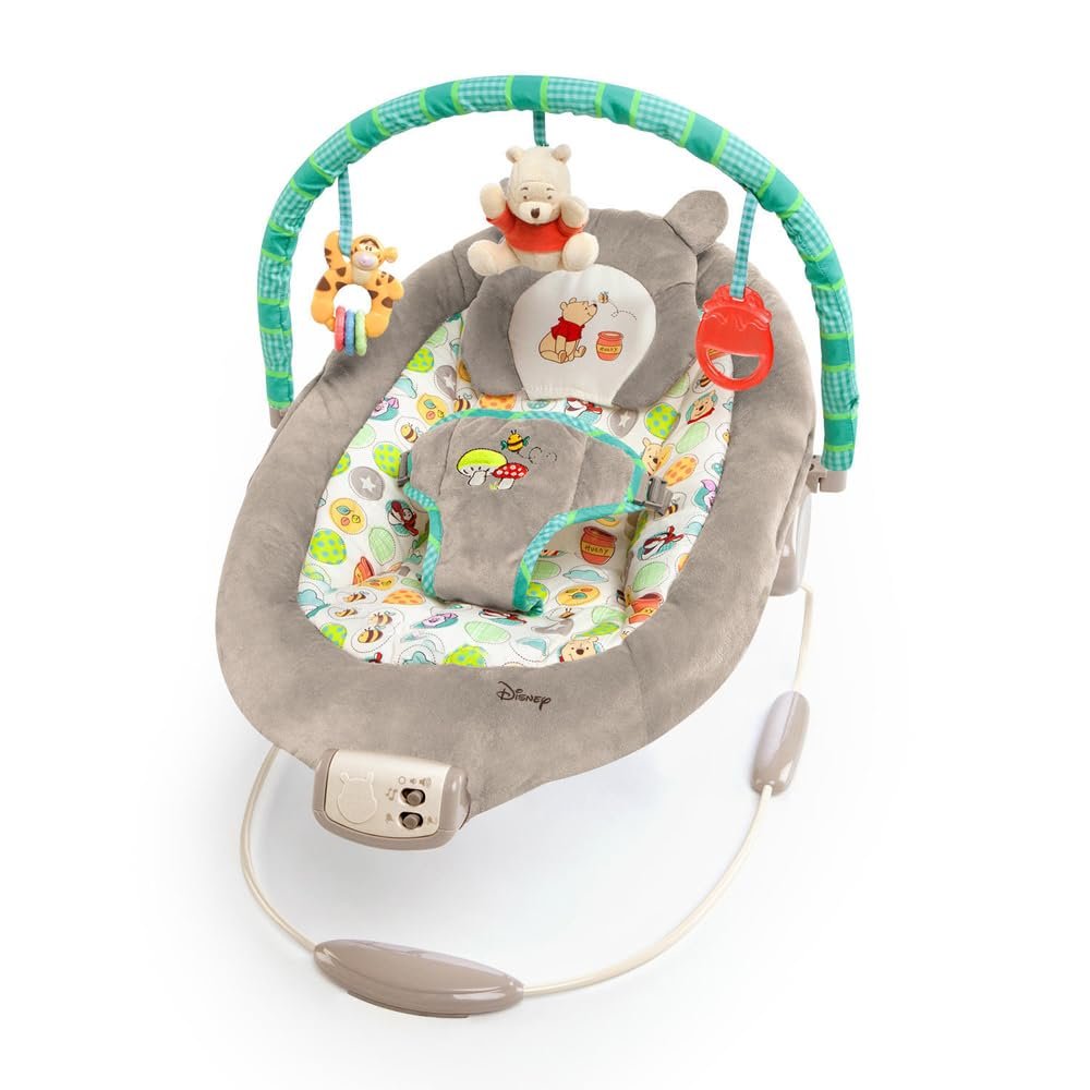 Bright Starts Winnie the Pooh Dots & Hunny Pots Sallanan Bebek Titreşimli Bebek Koltuğu, Müzik ve 3 Farklı Oyun Arkadaşlı, 58x48x58 cm