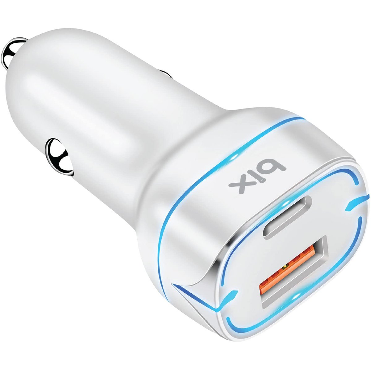 Bix BX-CCP36WT 38W Type-C PD 20W ve USB-A QC 3.0 18W Çift Portlu LED Işıklı Araç Şarj Cihazı Beyaz iPhone 15/14/13/12/11/X/, iPad, Galaxy S24/S23/S22/S21/S20 ve Daha Fazlasıyla Uyumlu BXCCP36WT