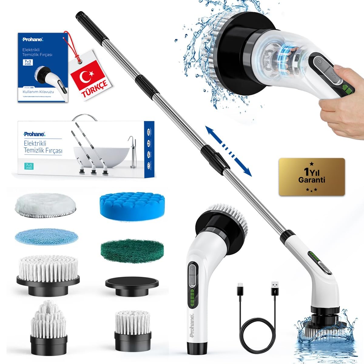 Prohane Elektrikli Temizlik Fırçası, Şarjlı Temizlik Fırçası 7 Adet Farklı Başlık ile, Mutfak ve Banyolarda Birçok Temizlik Görevi için, Küvet, Duş, Fayans ve Zemin İçin Temizlik Malzemeleri