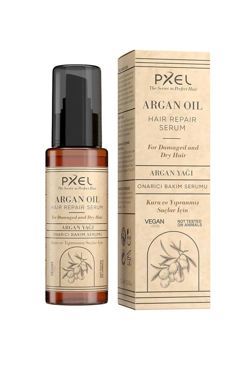 PXEL Saç Onarıcı Serum 75 ML – Argan Yağı, Hindistan Cevizi Yağı ve E Vitamini İçerikli | Yıpranmış, Mat ve Kabaran Saçlar İçin Parlaklık ve Yumuşaklık Sağlayan Onarıcı Vegan Saç Serumu